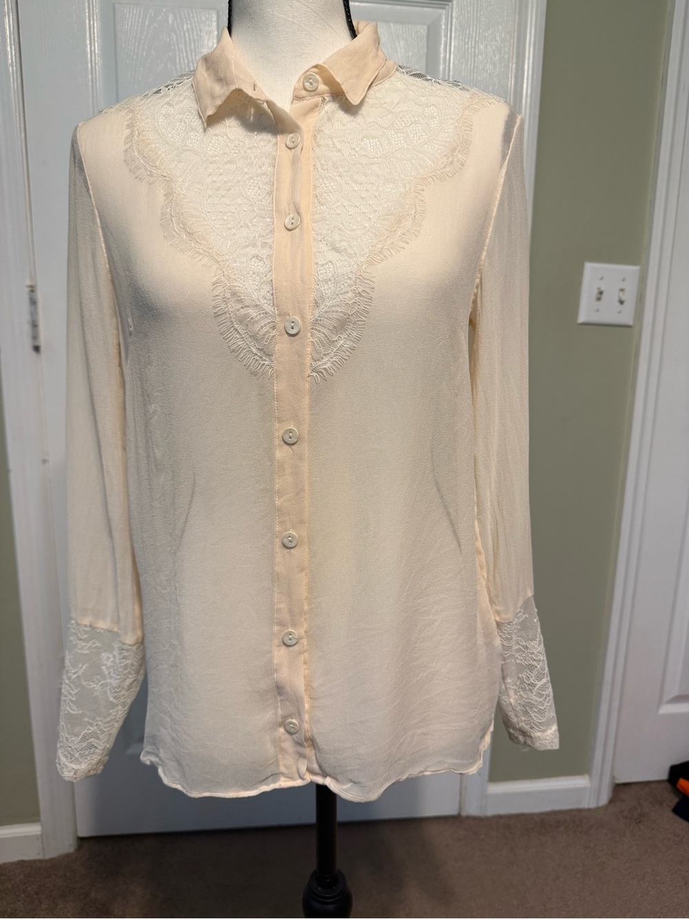intimissimi Cream Silk Chiffon Lace-Panel Button-Down Shirt